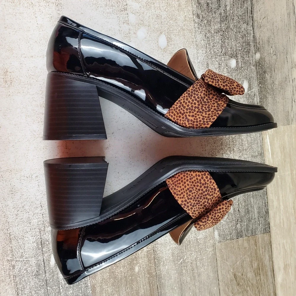 Bandolino Korrar Womens Loafer Shoes Sz 10 M Black High Block Heel Bow Wrapped